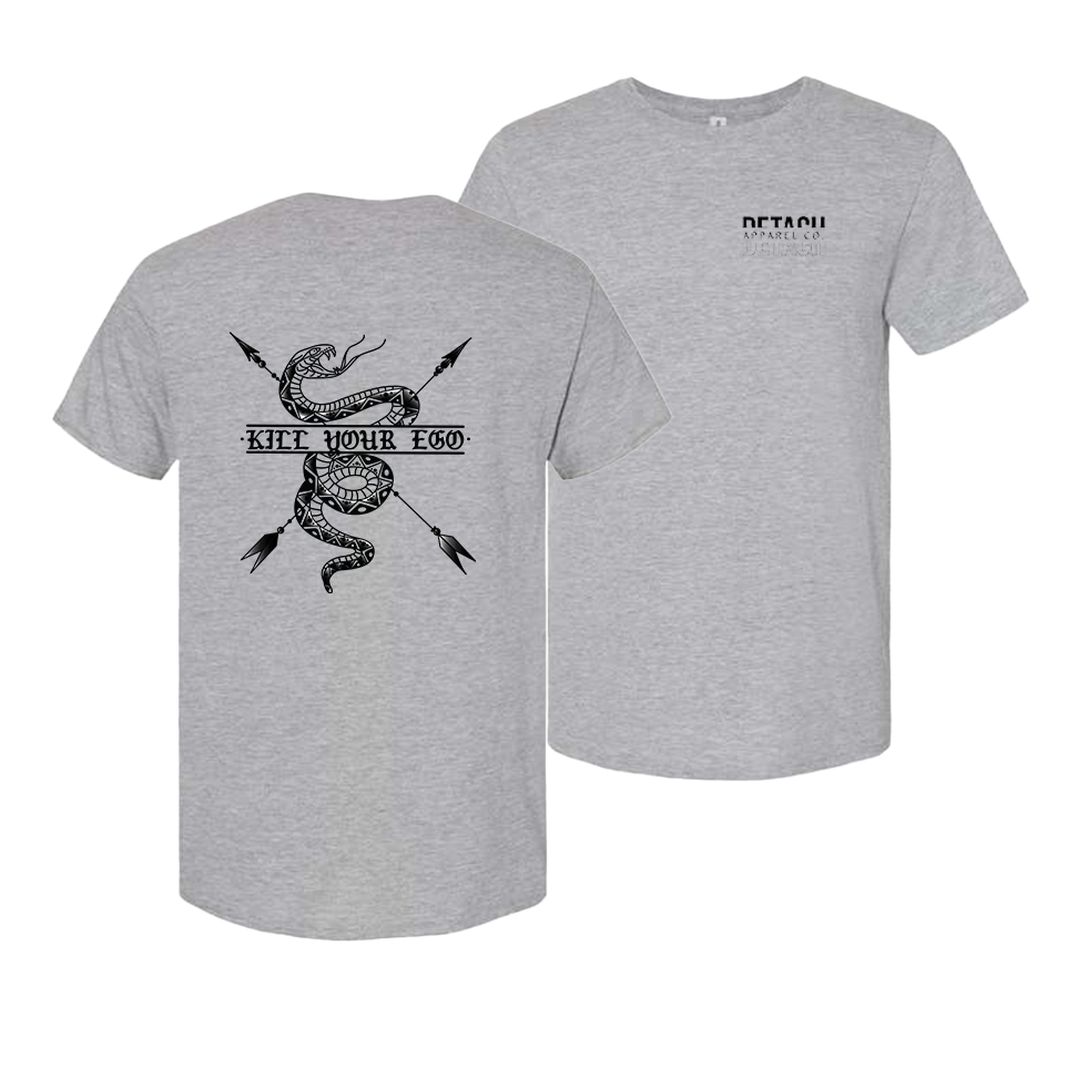 Gray "Kill Your Ego" t shirt with black Detach Apparel logo on the front