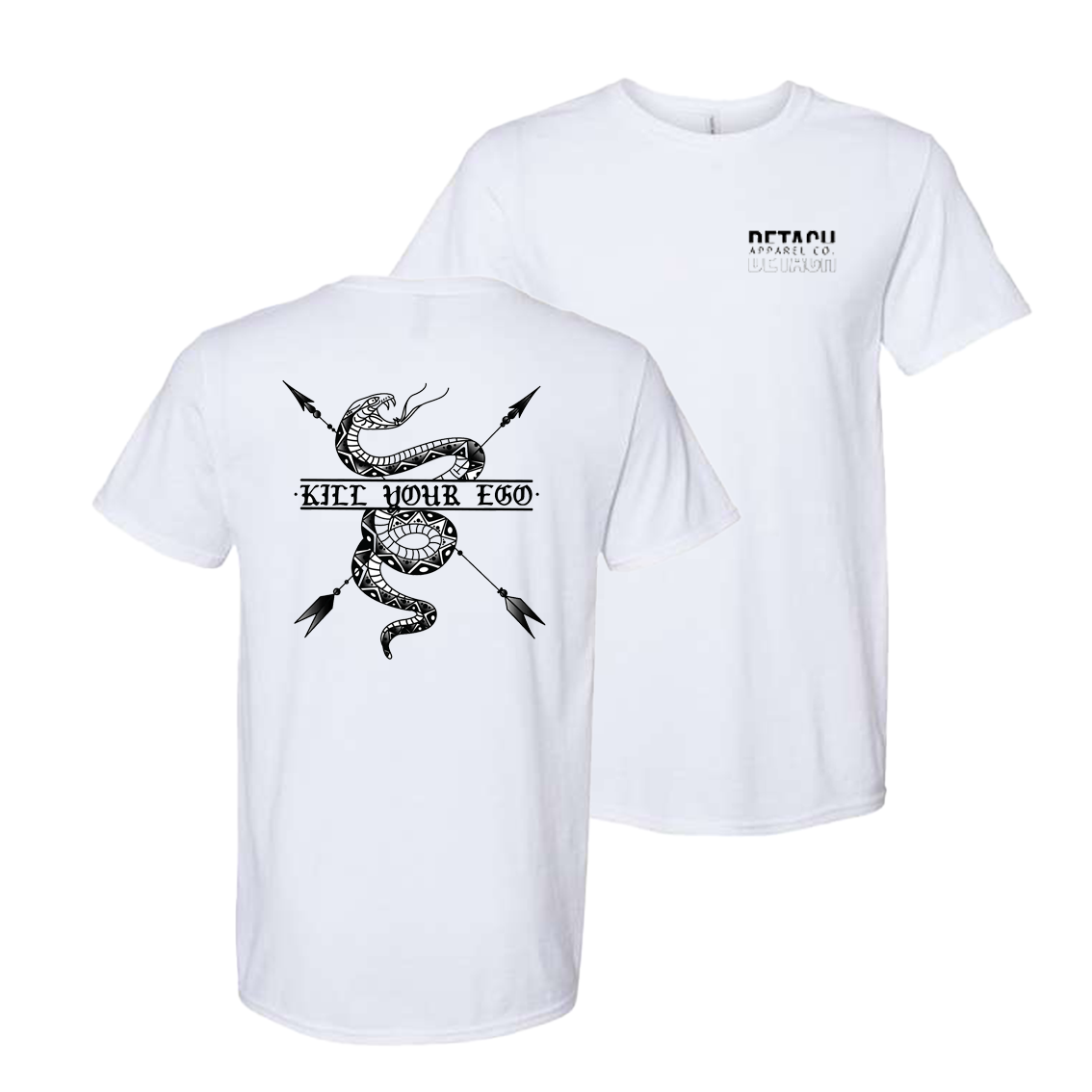 White "Kill Your Ego" t shirt with with Detach apparel logo on the front