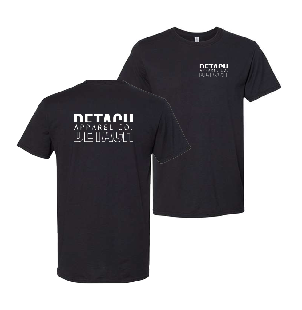 Black t shirt with white Detach Apparel logo